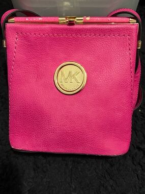 Hot Pink Leather Crossbody with Gold MK Medallion
